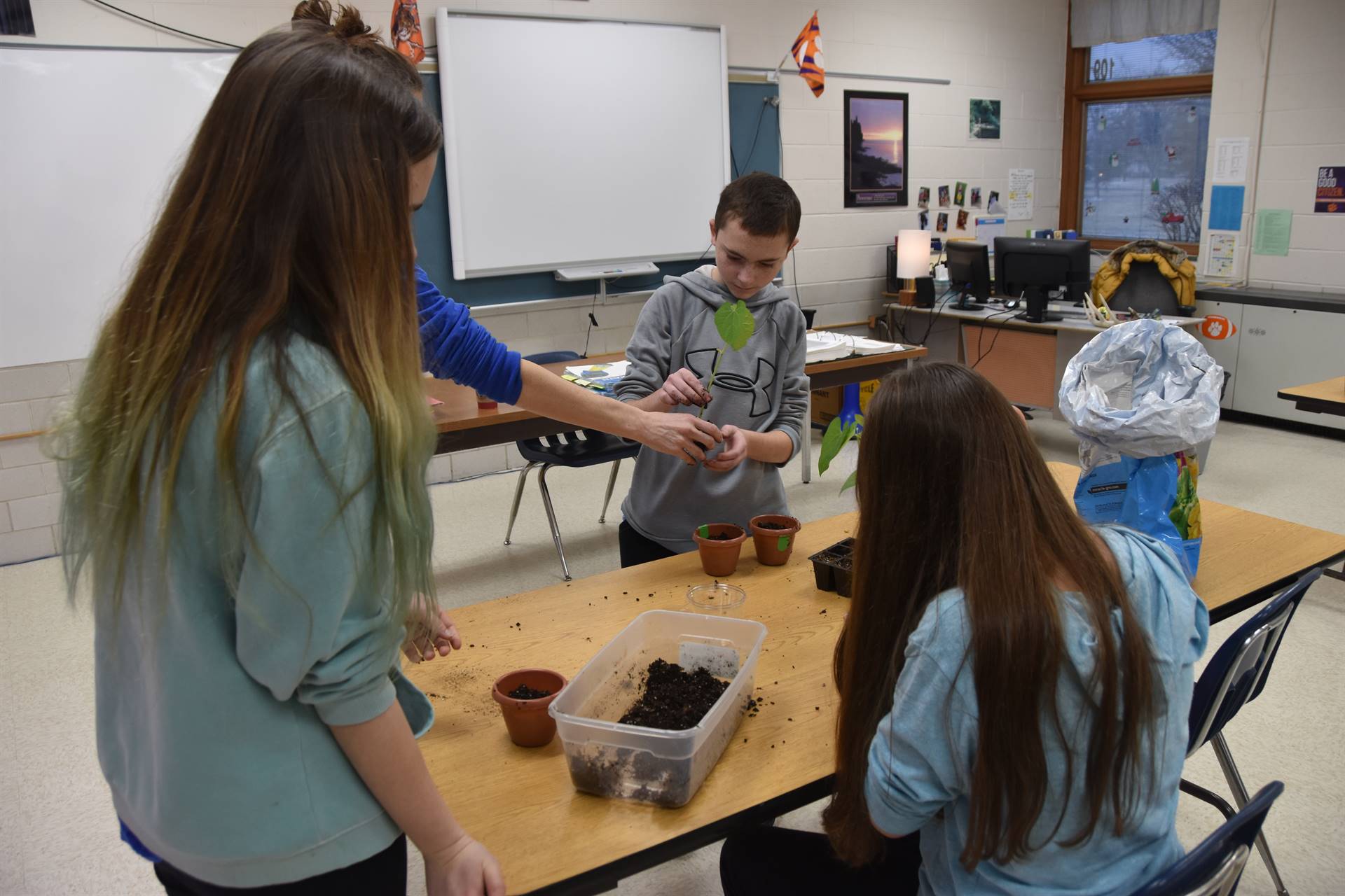 students potting plants